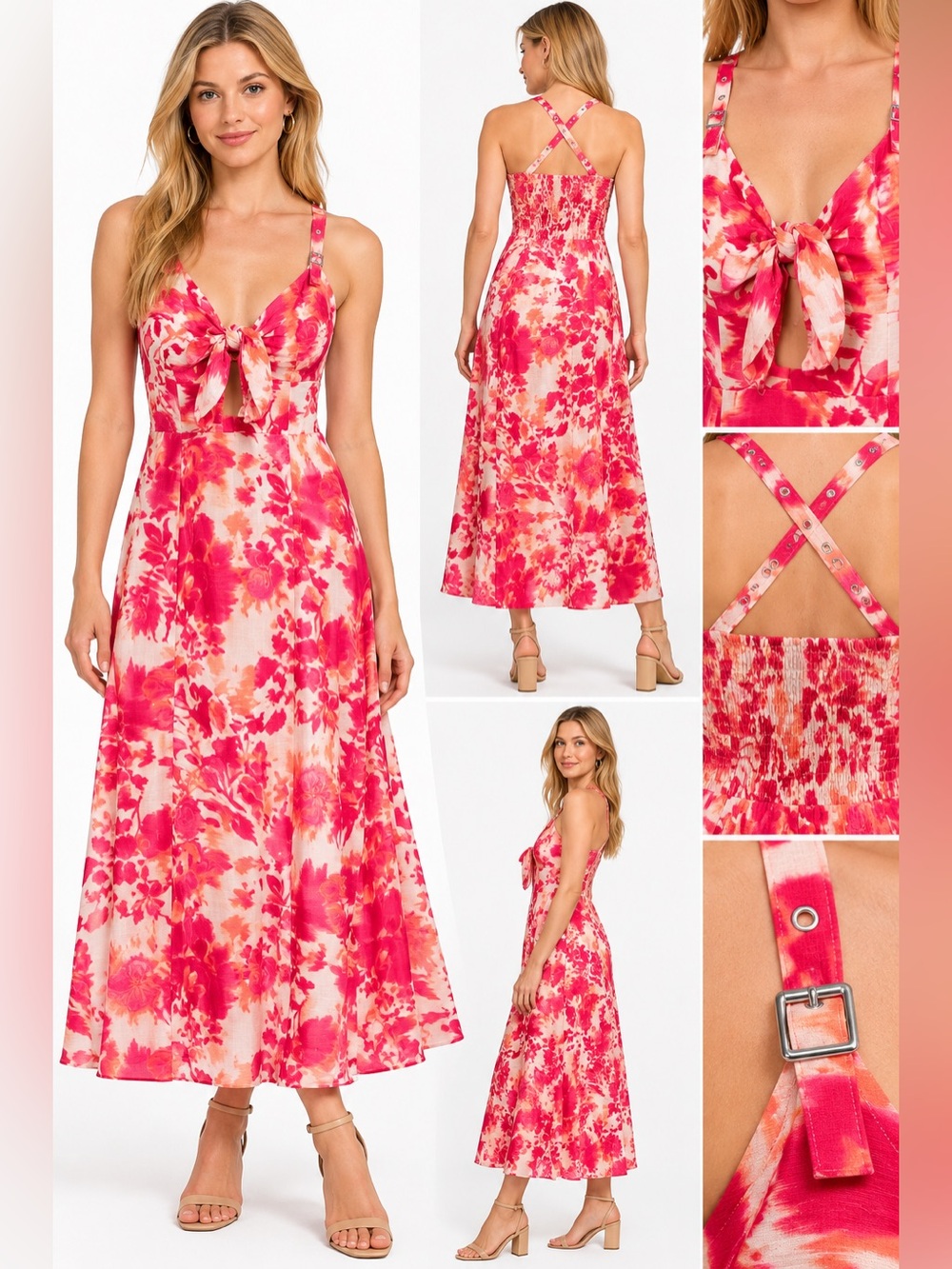 DKNY Bow-Front Floral Midi Dress Size 10 Pink Azalea Multi NWT $139